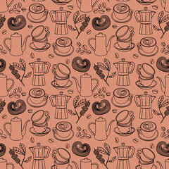Seamless contour coffee pattern with cups, beans, pots, pastries, and coffee branches. Cozy design perfect for café menus, packaging, textiles, scrapbooking,  wrapping paper, textile and fabric.
