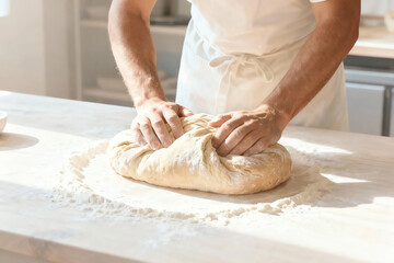 Professional baker's hands kneading fresh artisan bread dough with flour on a rustic sunlit kitchen counter, preparing homemade bakery goods.