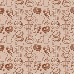 Seamless contour coffee pattern with cups, beans, pots, pastries, and coffee branches. Cozy design perfect for café menus, packaging, textiles, scrapbooking,  wrapping paper, textile and fabric.
