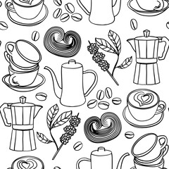 Seamless contour coffee pattern with cups, beans, pots, pastries, and coffee branches. Cozy design perfect for café menus, packaging, textiles, scrapbooking,  wrapping paper, textile and fabric.