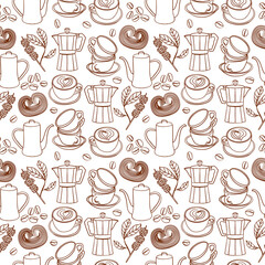 Seamless contour coffee pattern with cups, beans, pots, pastries, and coffee branches. Cozy design perfect for café menus, packaging, textiles, scrapbooking,  wrapping paper, textile and fabric.