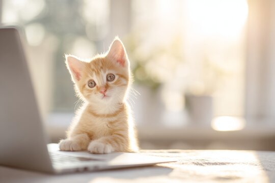 Adorable kitten works like a human in a sunny room. Daily data intake. Attention is won with bold images, quick stats, and minimal words. Kitten ambiance. Charming kitten.