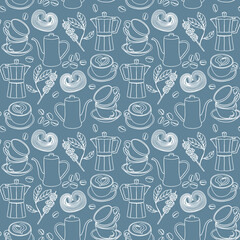 Seamless contour coffee pattern with cups, beans, pots, pastries, and coffee branches. Cozy design perfect for café menus, packaging, textiles, scrapbooking,  wrapping paper, textile and fabric.