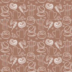 Seamless contour coffee pattern with cups, beans, pots, pastries, and coffee branches. Cozy design perfect for café menus, packaging, textiles, scrapbooking,  wrapping paper, textile and fabric.
