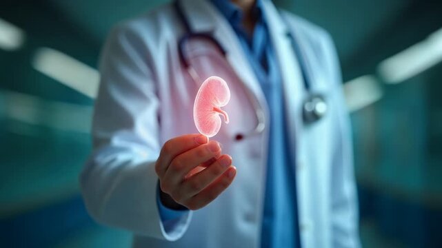 Doctor holding glowing kidney hologram showing organ anatomy care confident medical healthcare doctor stethoscope medical anatomy organ healthcare