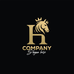 Elegant golden horse head within letter H logo design for a sophisticated brand identity, perfect for equestrian, luxury, or high-end business ventures