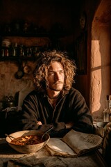 Solitary man with curly hair enjoys soup and books in warm, nostalgic vintage kitchen, evoking comfort, tradition, and homely atmosphere