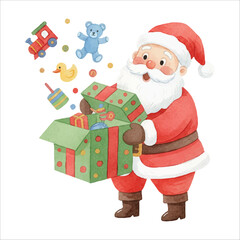 Santa Opening Gift Box Watercolor Vector

