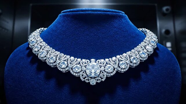 Diamond Necklace Displayed on a Blue Velvet Stand