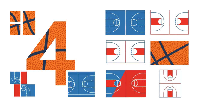 Geometric basketball composition featuring courts, balls and the number four illustration