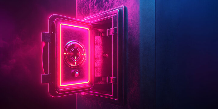 neon-lit open safe in a dark, mysterious setting with vibrant pink and blue light. Ideal for cybersecurity, digital security, financial tech, or abstract concepts of hidden data and protection.