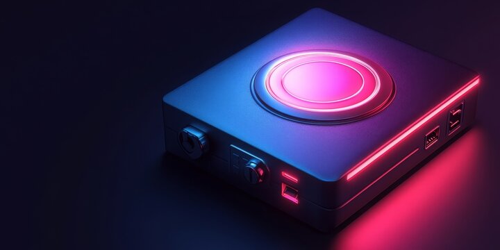sleek, glowing electronic device with vibrant pink and blue neon lights, suggesting advanced technology or a modern audio interface. Ideal for tech blogs, music production, or futuristic hardware
