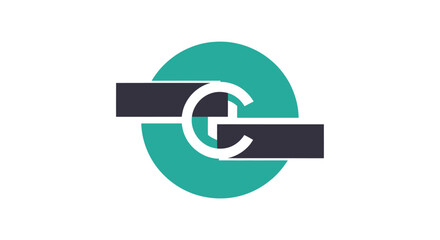 A circular design features a teal circle, two intersecting bars, and a white, curved shape