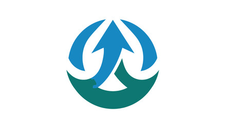 A stylized logo with blue upward arrow & teal accents on white. Abstract, modern design