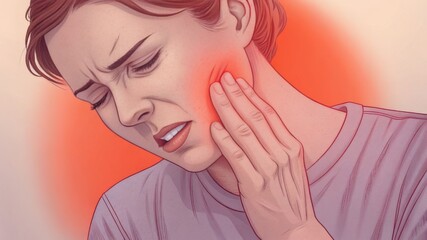 Fototapeta premium woman suffering from a painful toothache or jaw pain, indicated by a red highlight. Ideal for dental clinic websites, health blogs, pain relief articles, and medical advertisements