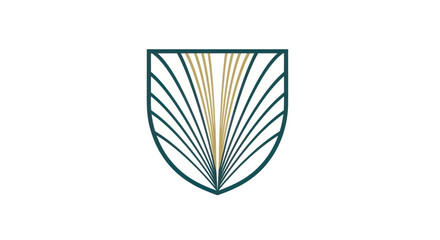 A shield-shaped design features radiating lines, with central gold elements within a dark border