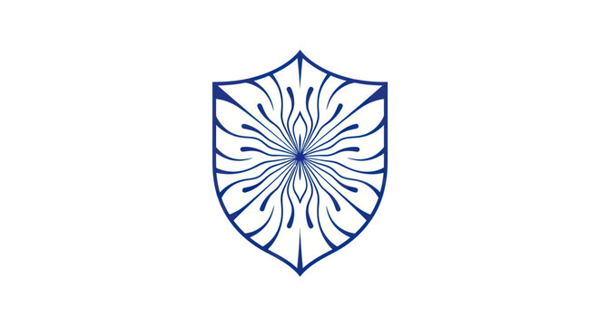 A blue shield design with a floral or sunburst motif on a white background