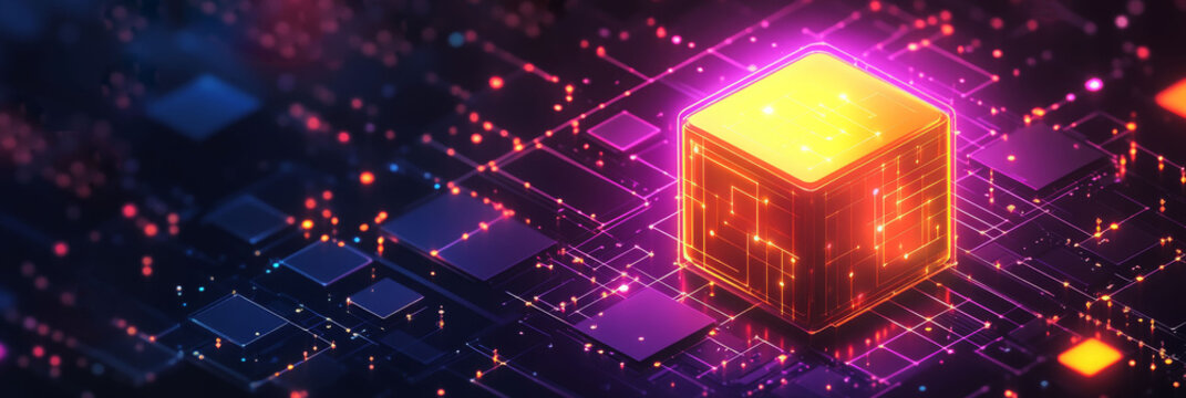 A glowing digital neon cube on a circuit board, symbolizing blockchain, AI, or advanced computing. Ideal for tech blogs, cybersecurity articles, or innovation-focused presentations.