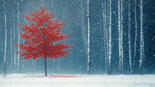 Dramatic winter scene with a single red-leafed tree standing out against white birch trees and falling snow. Excellent for art, seasonal, travel, nature, photography, or holiday-themed blogs/sites.