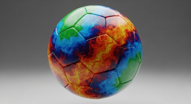 Colorful football with flame and smoke pattern in dynamic swirls.