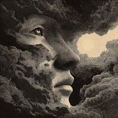 conceptual graphic of calm human face emerging from dark swirling clouds, symbolizing mental battle and resilience, emotional surrealism, detailed texture, v7 fine vector art 