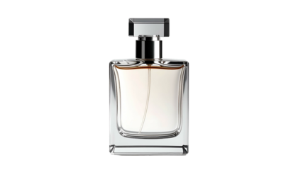 Clear, square perfume bottle with cap on a dark background