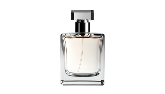 Clear, square perfume bottle with cap on a dark background