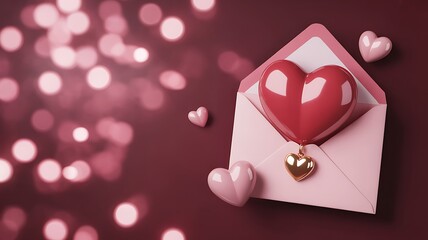 Envelope with heart and bokeh lights for valentines day or wedding concept