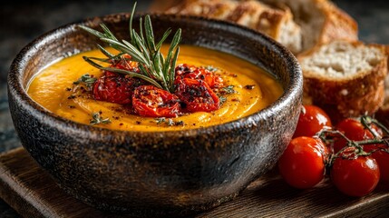 Warm autumn meal scene with rustic pumpkin soup, cherry tomatoes, herbs, and bread on wooden table for cozy seasonal dining or food promotions
