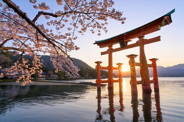 Serene japanese torii gate at sunrise with cherry blossoms and lake reflection