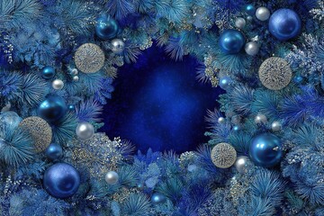 A decorative blue wreath made of pine branches, silver and blue ornaments, and snowflakes. The background is a deep blue color, creating a festive atmosphere.