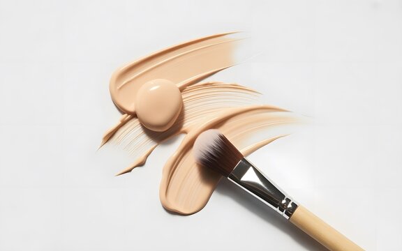 Elegantly swiped liquid foundation and a soft makeup brush on a pristine background, representing cosmetic artistry and skin tone blending for a refined look