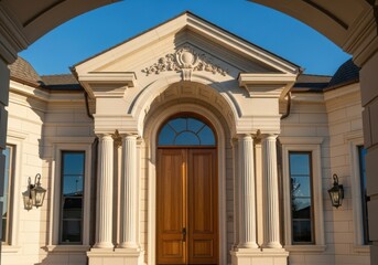 Obraz premium Grand entrance of a luxurious mansion with ornate architectural details and double wooden doors under a clear blue sky