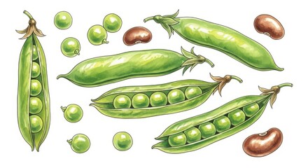 Botanical illustration showcasing fresh green peas and beans on white backdrop