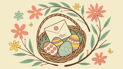 A charming easter basket illustration brimming with decorated eggs and a letter, surrounded by delicate flowers, leaves, and butterflies on a soft background