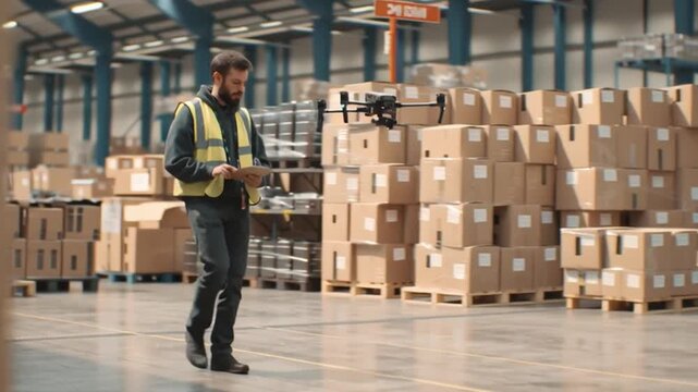 Warehouse Drone Operation: A worker manages a drone operation amidst neatly stacked packages within a spacious warehouse.