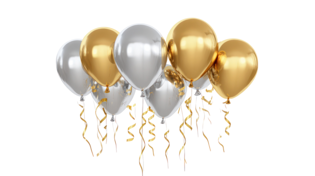 Gold and silver balloons with streamers isolated on transparent background