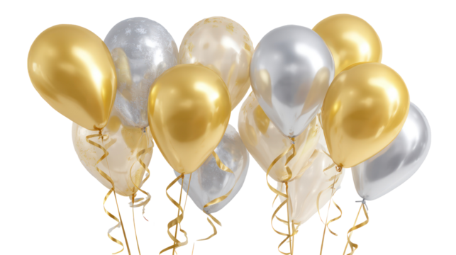Bunch of gold and silver balloons with ribbons isolated on transparent background
