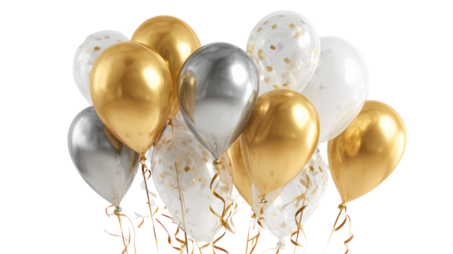 Bunch of gold silver and white balloons with confetti isolated on transparent background