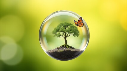 A crystal globe containing a miniature tree with a butterfly nearby, symbolizing nature conservation.