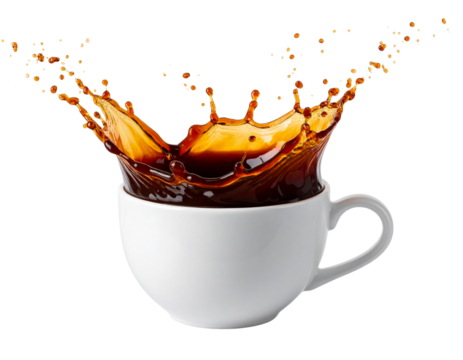  Dynamic Coffee Splash in White Cup PNG