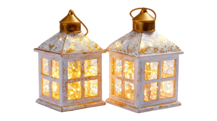 Two decorative glowing lanterns isolated on transparent background