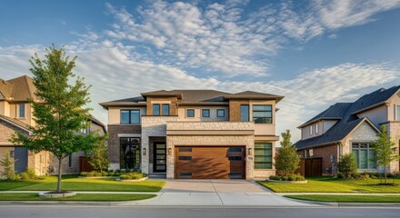 Contemporary two story residence exterior view under bright sky, suburban neighborhood