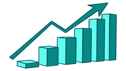 "Dynamic teal 3D bar chart illustration with motion light effects, arrow glowing with ‘Business Growth’, ‘Market Uptrend’, and ‘Success +20%’ text. Financial analytics concept. Transparent PNG render.