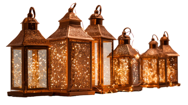 Group of ornate copper lanterns with illuminated panels isolated on transparent background