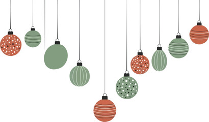 Hanging Christmas ornaments border. Retro Scandinavian vector composition with holiday baubles in muted boho colors.