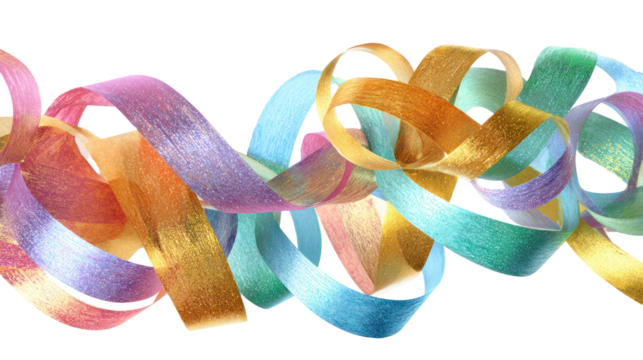 Colorful curled ribbon streamers isolated on transparent background