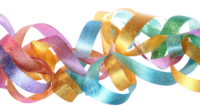 Colorful shimmering ribbons twisted and flowing isolated on transparent background