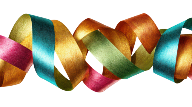 Colorful metallic ribbons twisted together isolated on transparent background