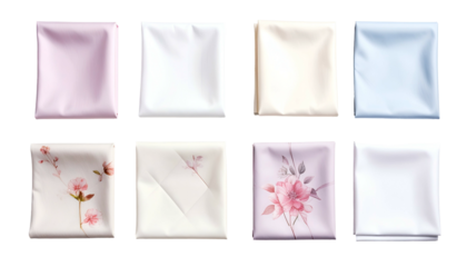 Stacked folded textiles, subtle colors, floral patterns, soft texture